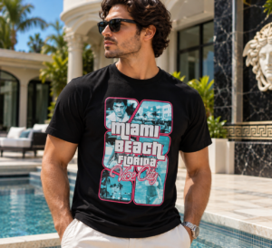 Miami Vice City T-Shirt – Retro Miami Beach Graphic Tee | Black Unisex Streetwear