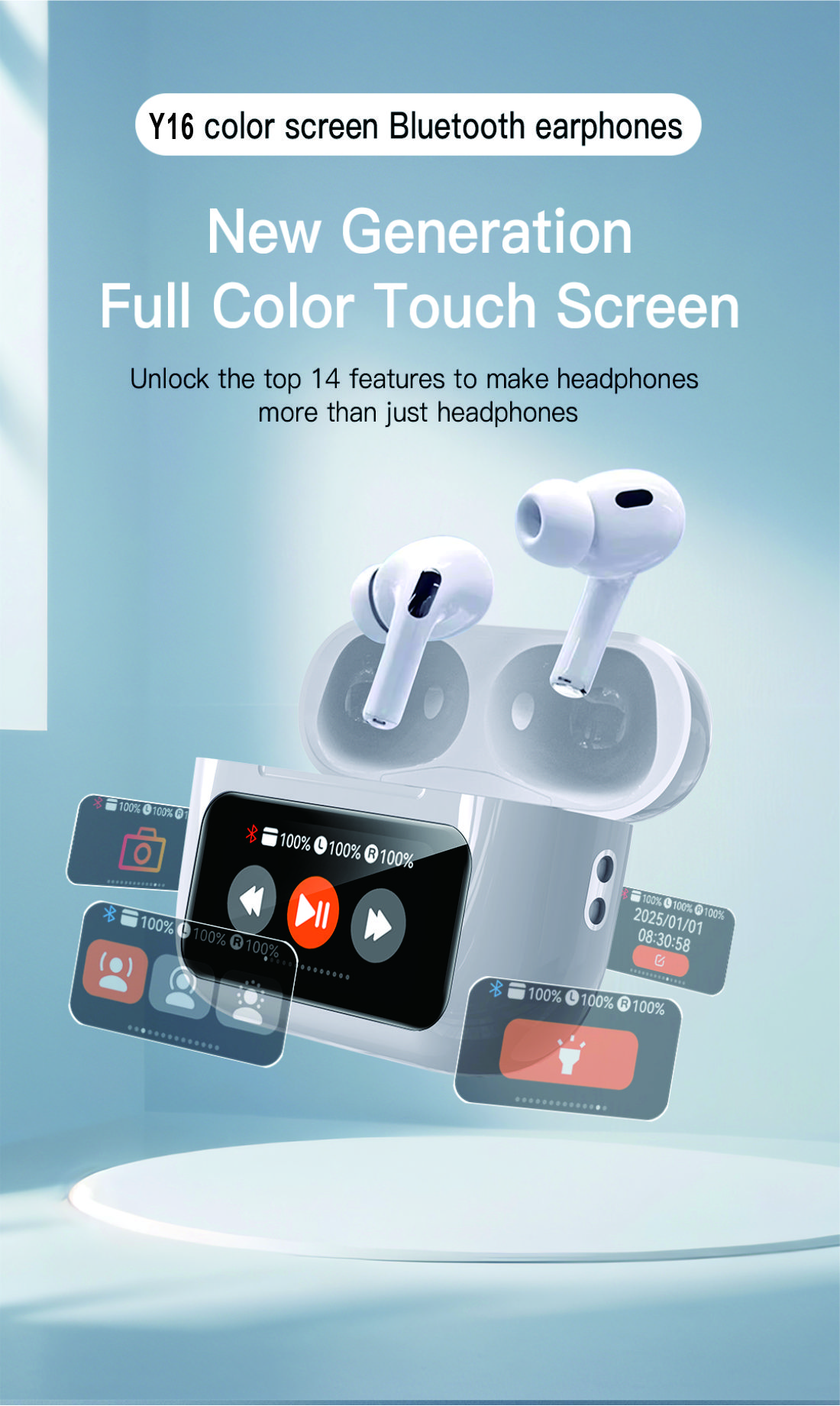 Dragonfly Y16 White Wireless Earbuds with Touchscreen Charging Case
